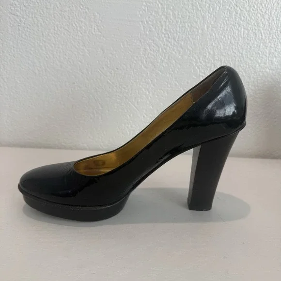 Vintage Coach Womens Pump Size 9 Black Patent Block Heel Platform Shoe Mob Wife - Picture 3 of 13